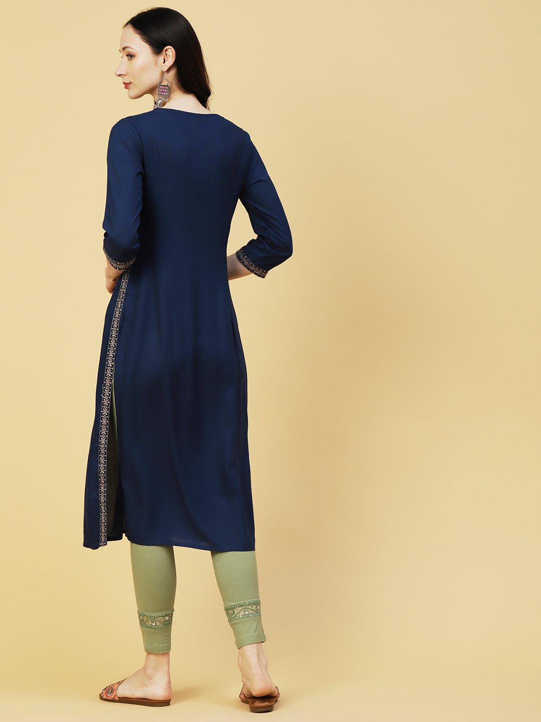 Floral Embroidered A-line Pleated Kurta - Navy Blue - Indiakreations