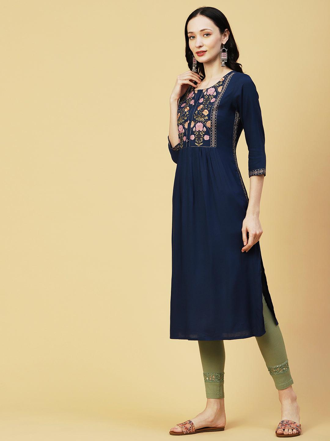 Floral Embroidered A-line Pleated Kurta - Navy Blue - Indiakreations