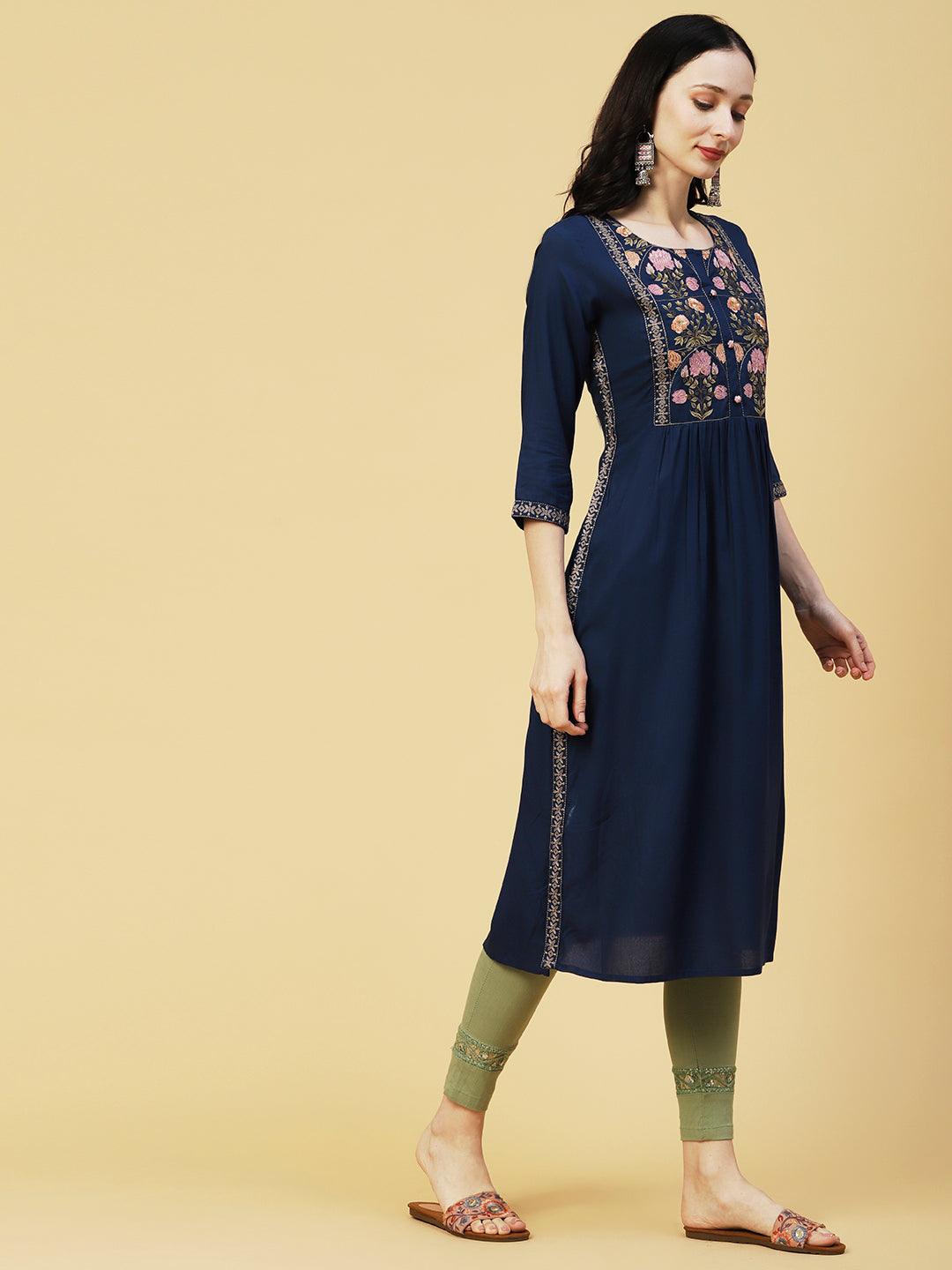 Floral Embroidered A-line Pleated Kurta - Navy Blue - Indiakreations