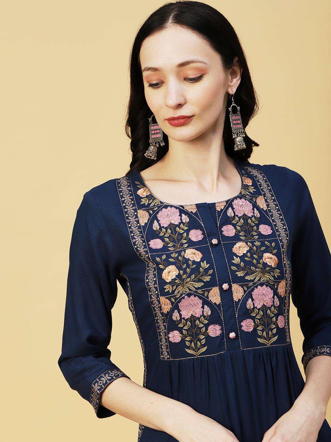 Floral Embroidered A-line Pleated Kurta - Navy Blue - Indiakreations