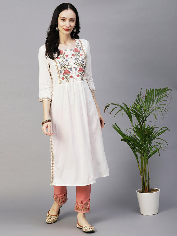 Floral Embroidered A-line Pleated Kurta - Off White - Indiakreations