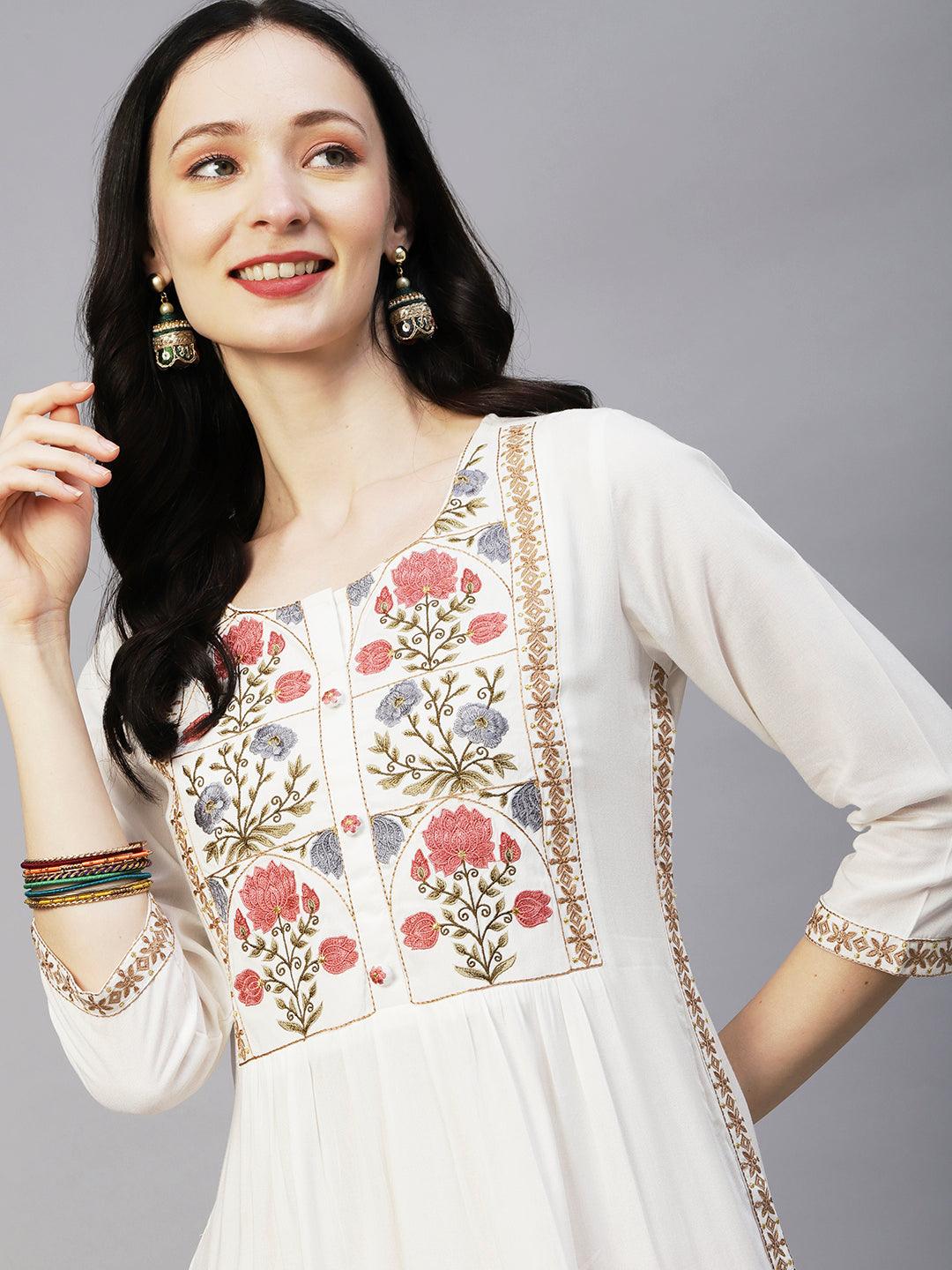 Floral Embroidered A-line Pleated Kurta - Off White - Indiakreations