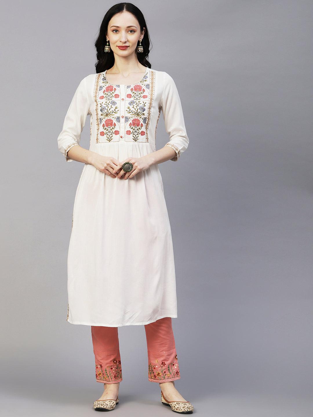 Floral Embroidered A-line Pleated Kurta - Off White - Indiakreations