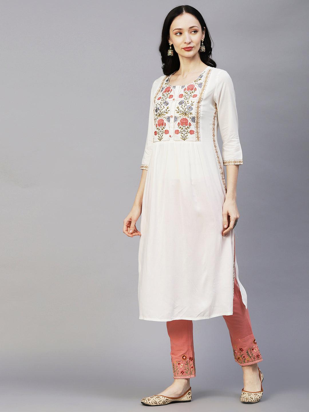 Floral Embroidered A-line Pleated Kurta - Off White - Indiakreations