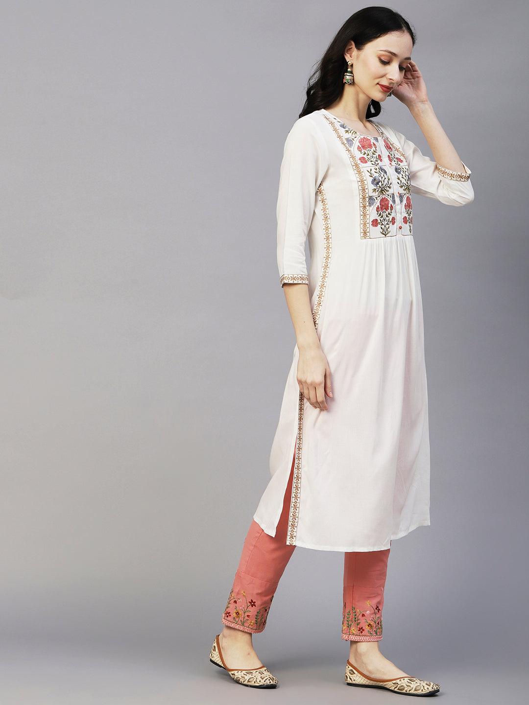 Floral Embroidered A-line Pleated Kurta - Off White - Indiakreations