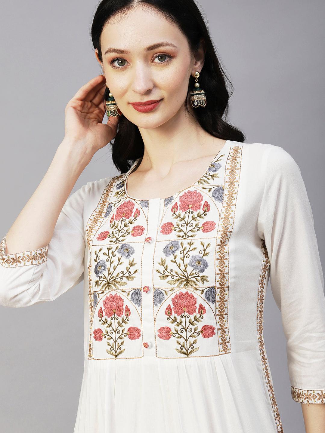 Floral Embroidered A-line Pleated Kurta - Off White - Indiakreations