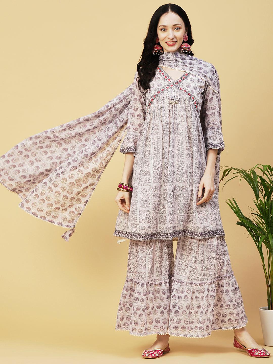 Ethnic Printed & Embroidered A-Line Kurta with Sharara & Dupatta - Lavender - Indiakreations