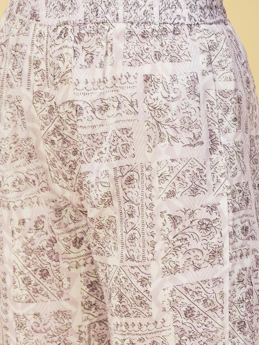 Ethnic Printed & Embroidered A-Line Kurta with Sharara & Dupatta - Lavender - Indiakreations