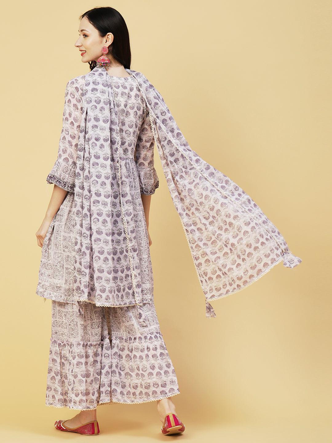 Ethnic Printed & Embroidered A-Line Kurta with Sharara & Dupatta - Lavender - Indiakreations