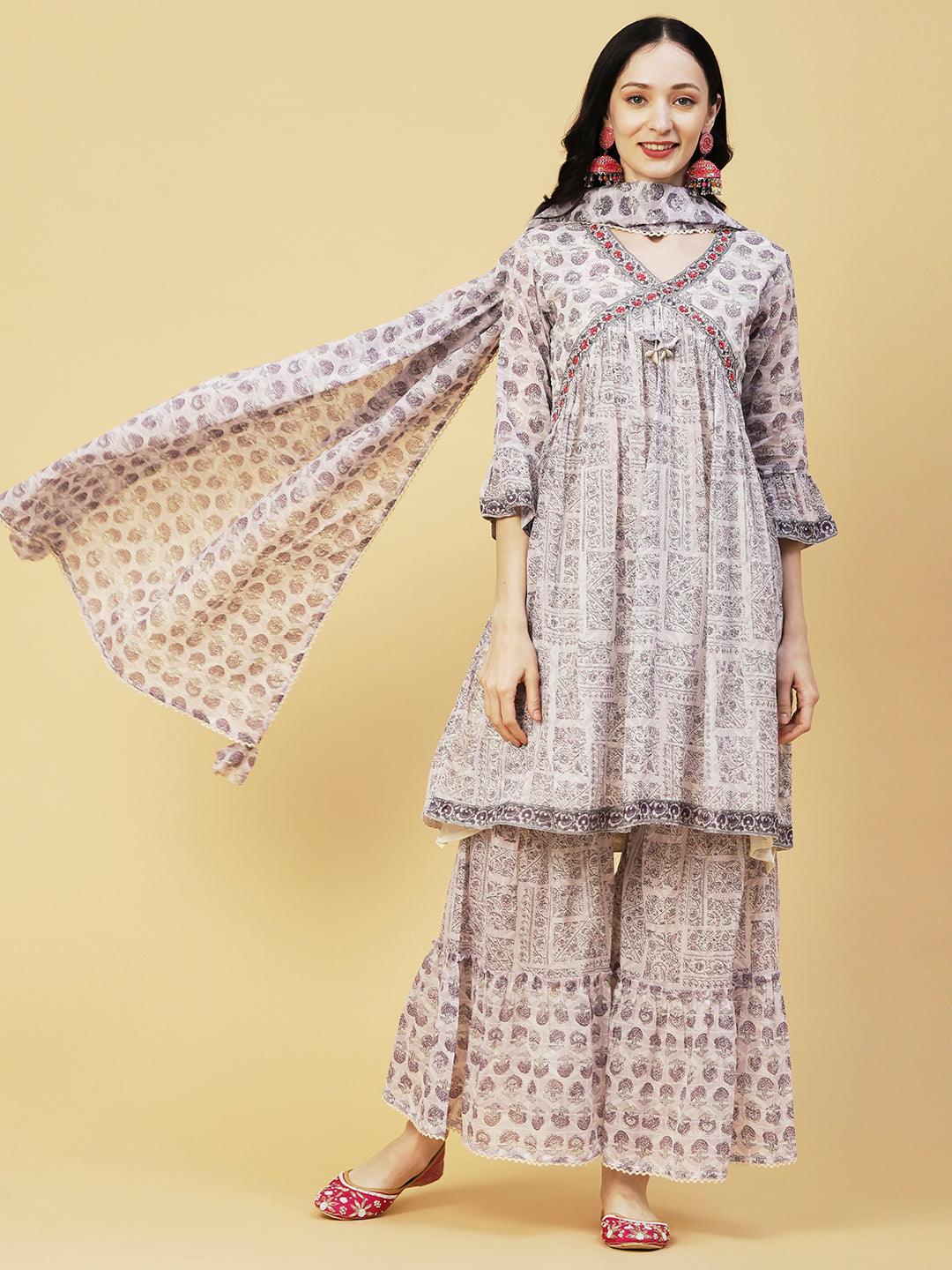 Ethnic Printed & Embroidered A-Line Kurta with Sharara & Dupatta - Lavender - Indiakreations