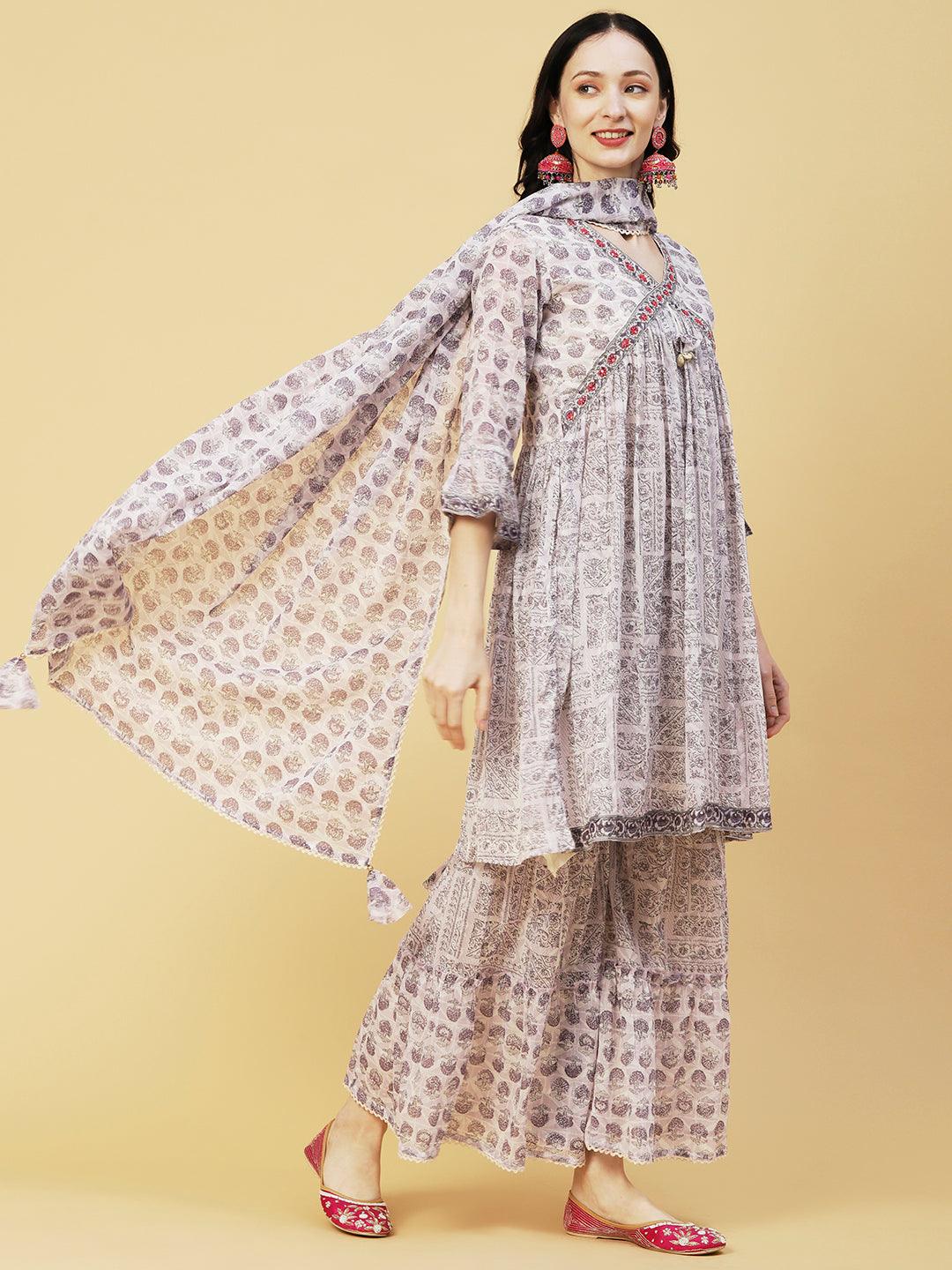 Ethnic Printed & Embroidered A-Line Kurta with Sharara & Dupatta - Lavender - Indiakreations