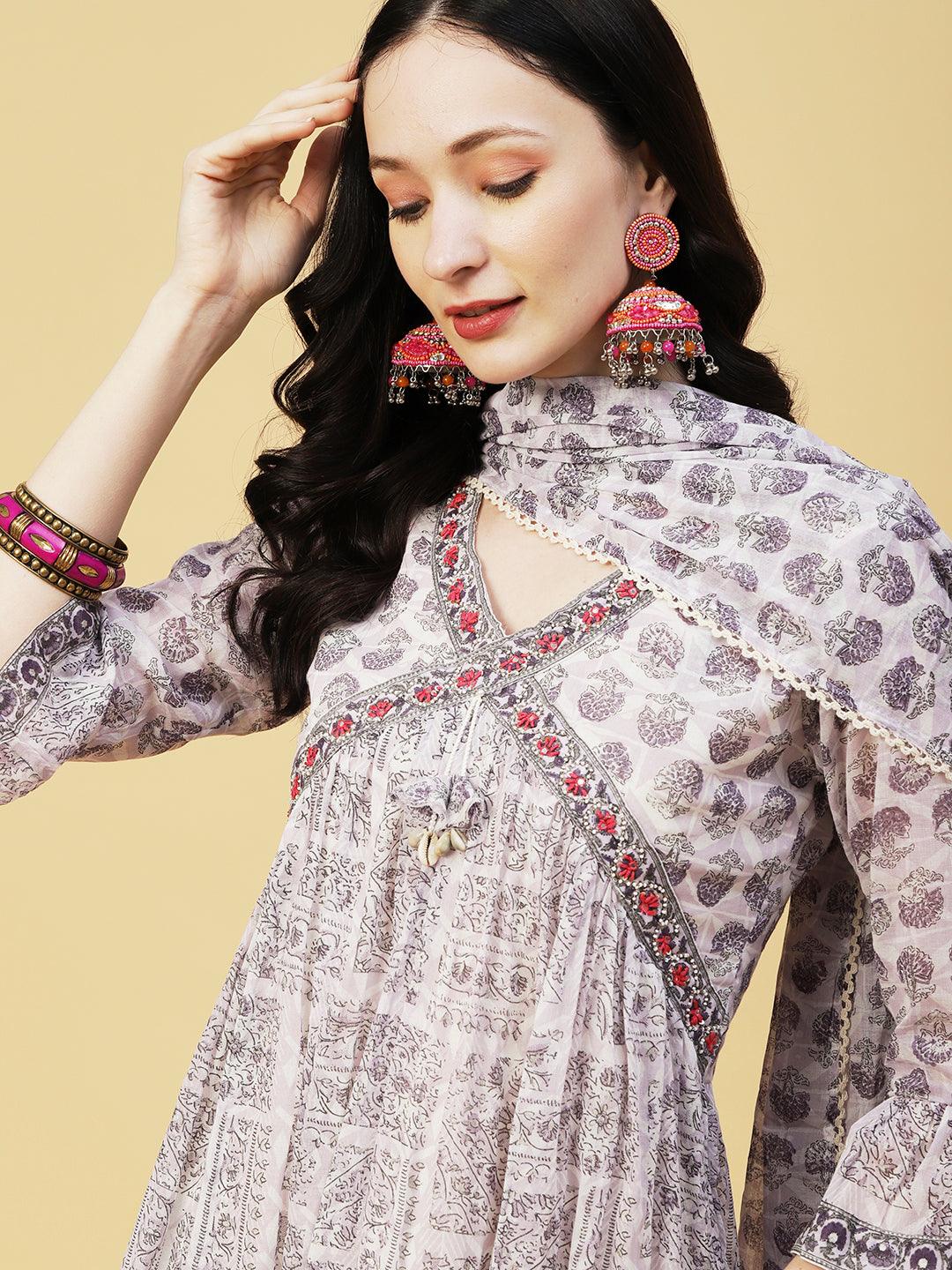 Ethnic Printed & Embroidered A-Line Kurta with Sharara & Dupatta - Lavender - Indiakreations