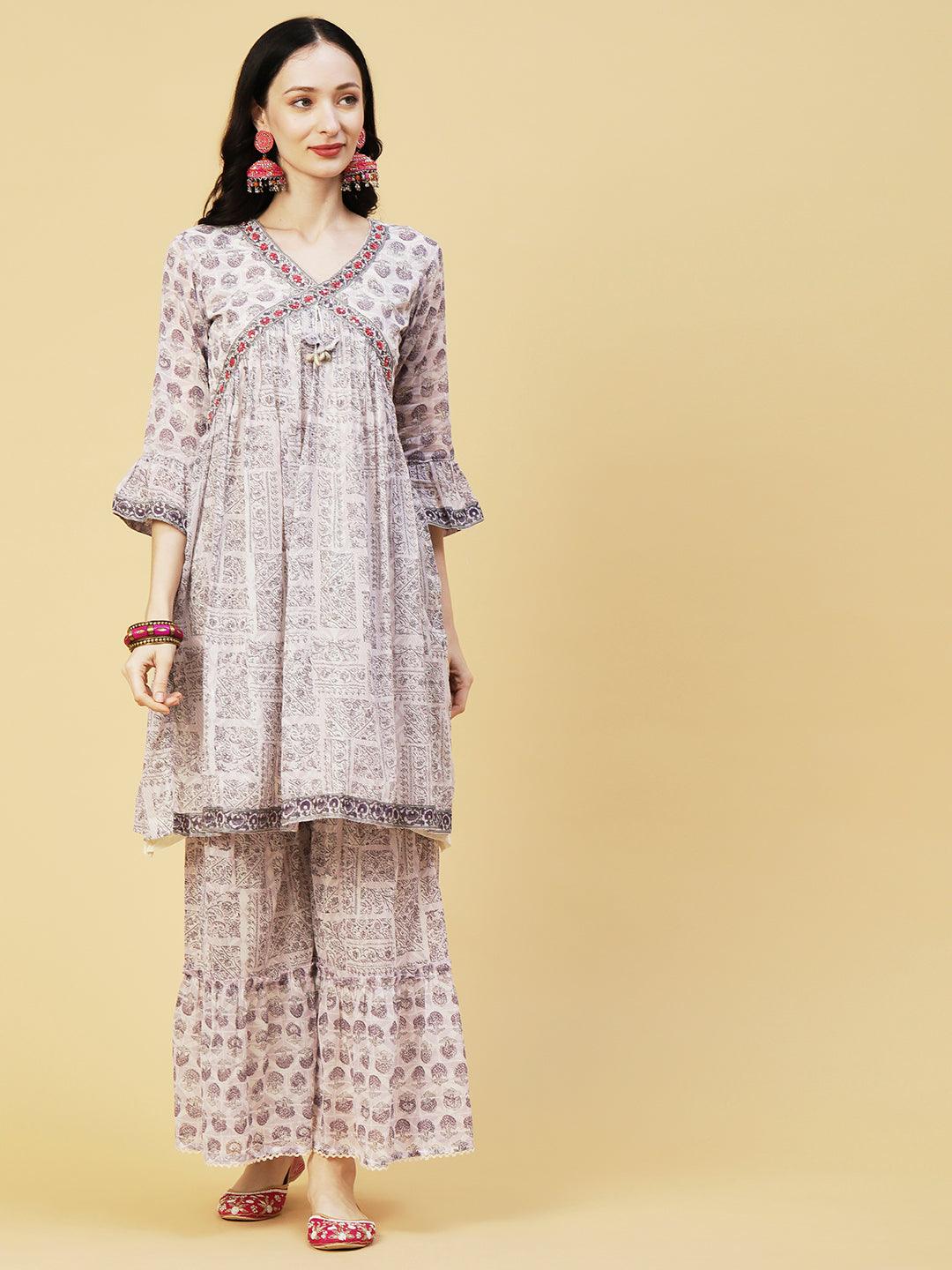 Ethnic Printed & Embroidered A-Line Kurta with Sharara & Dupatta - Lavender - Indiakreations