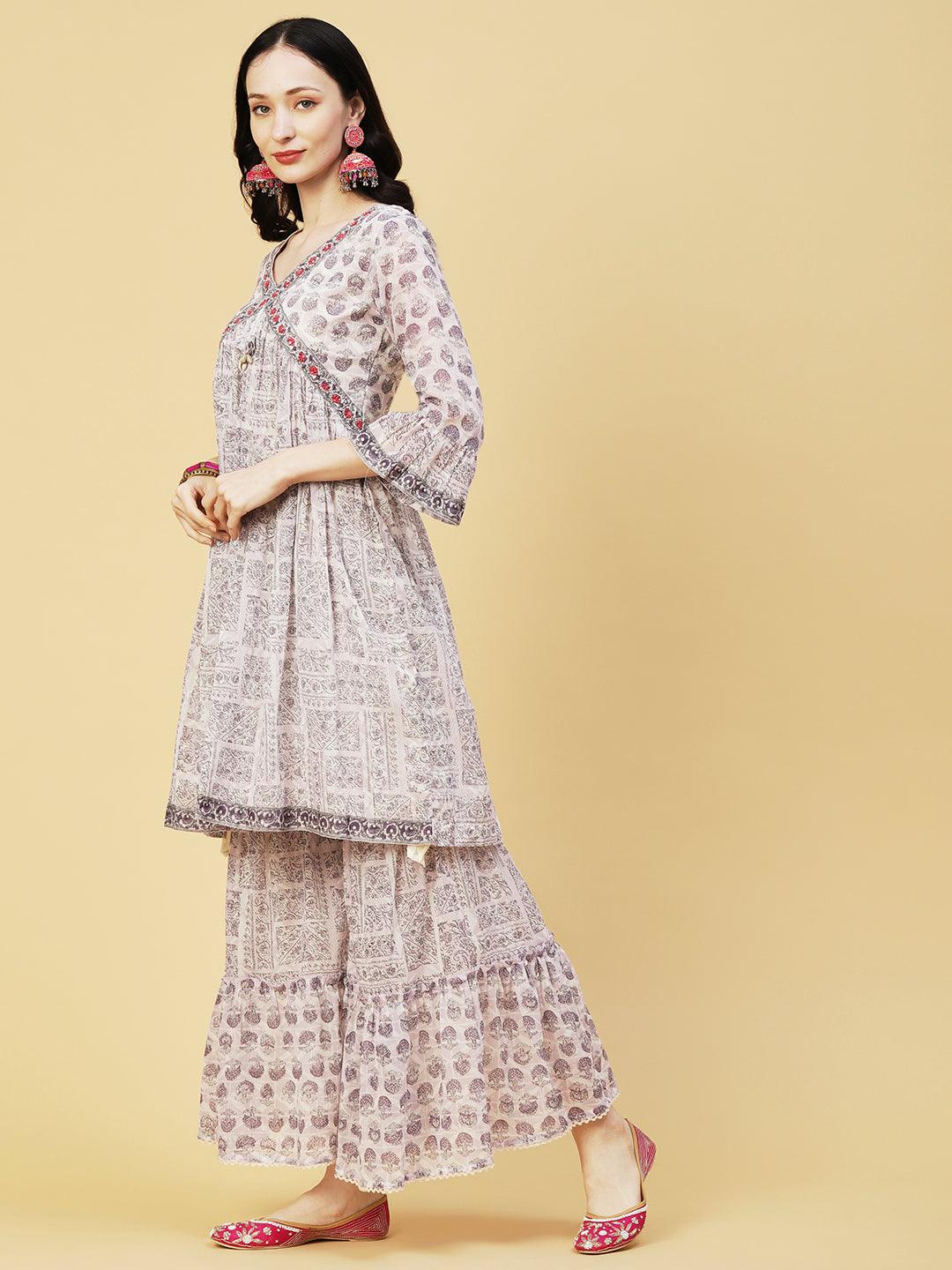 Ethnic Printed & Embroidered A-Line Kurta with Sharara & Dupatta - Lavender - Indiakreations