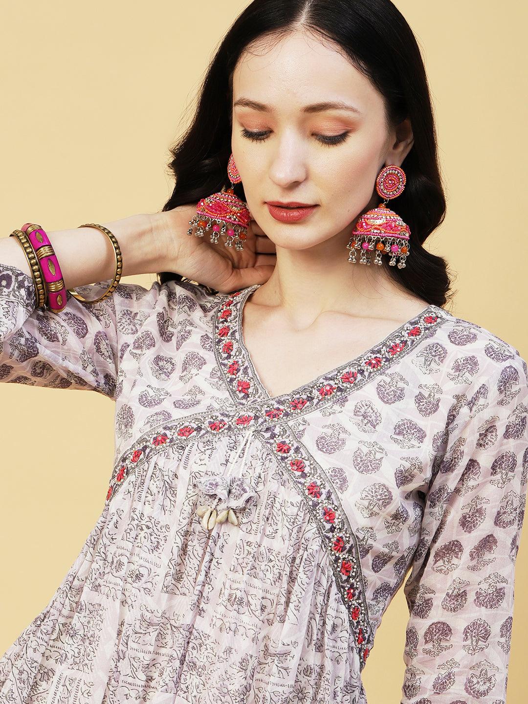 Ethnic Printed & Embroidered A-Line Kurta with Sharara & Dupatta - Lavender - Indiakreations