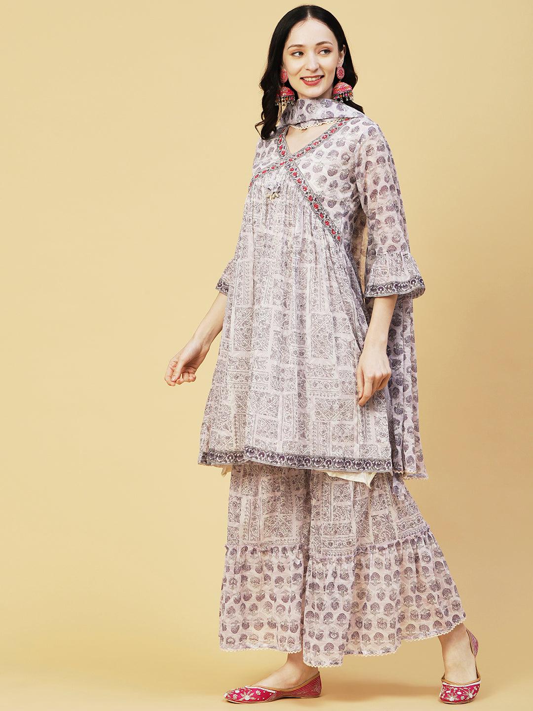 Ethnic Printed & Embroidered A-Line Kurta with Sharara & Dupatta - Lavender - Indiakreations