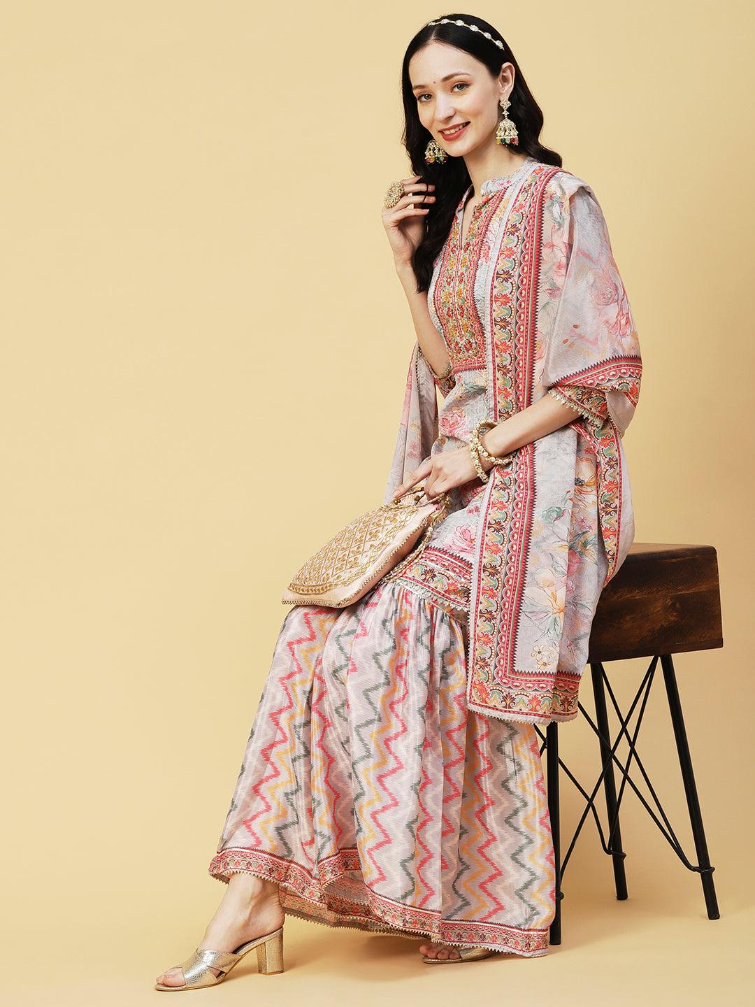 Abstract Floral Printed & Embroidered Straight Kurta with Sharara & Dupatta - Grey - Indiakreations