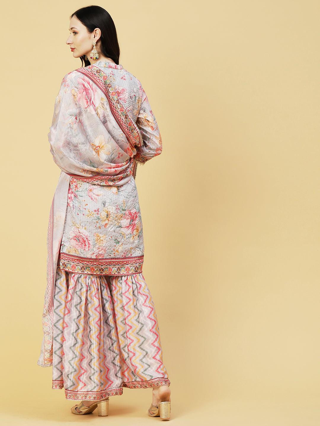 Abstract Floral Printed & Embroidered Straight Kurta with Sharara & Dupatta - Grey - Indiakreations