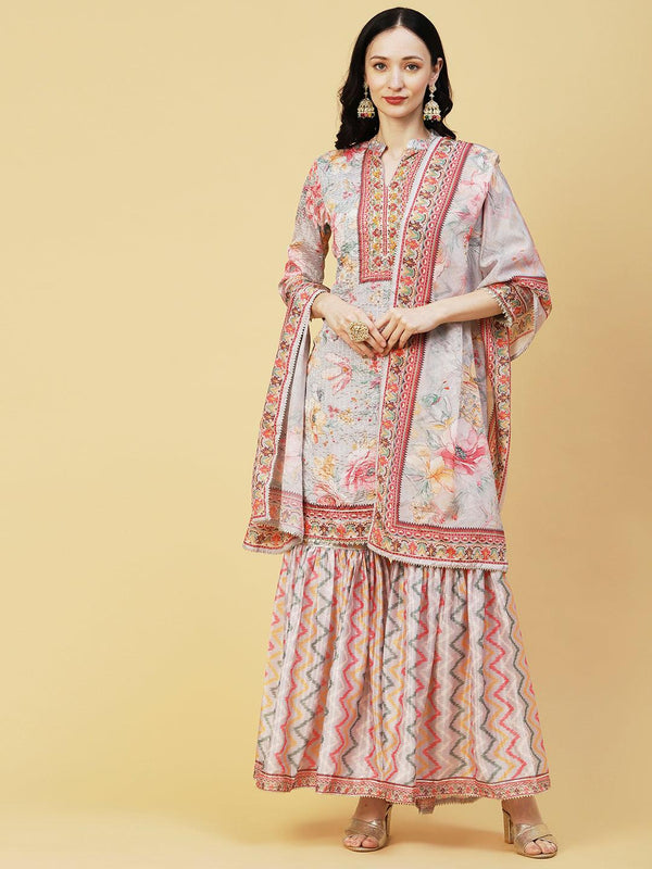 Abstract Floral Printed & Embroidered Straight Kurta with Sharara & Dupatta - Grey - Indiakreations