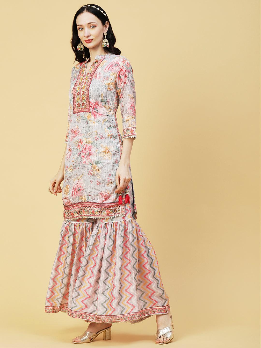 Abstract Floral Printed & Embroidered Straight Kurta with Sharara & Dupatta - Grey - Indiakreations