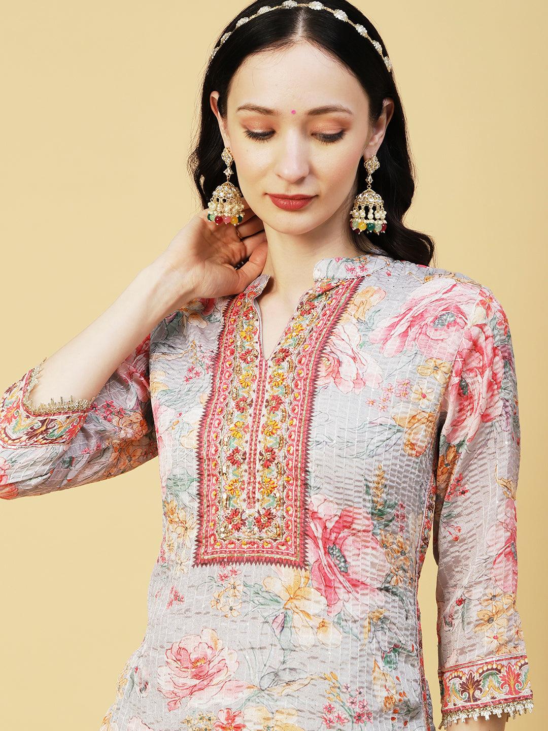 Abstract Floral Printed & Embroidered Straight Kurta with Sharara & Dupatta - Grey - Indiakreations