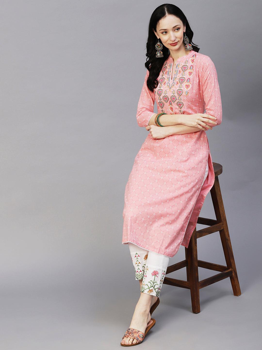 Geometric Printed Resham Ethnic Embroidered Kurta With Scallop Lace - Pink - Indiakreations