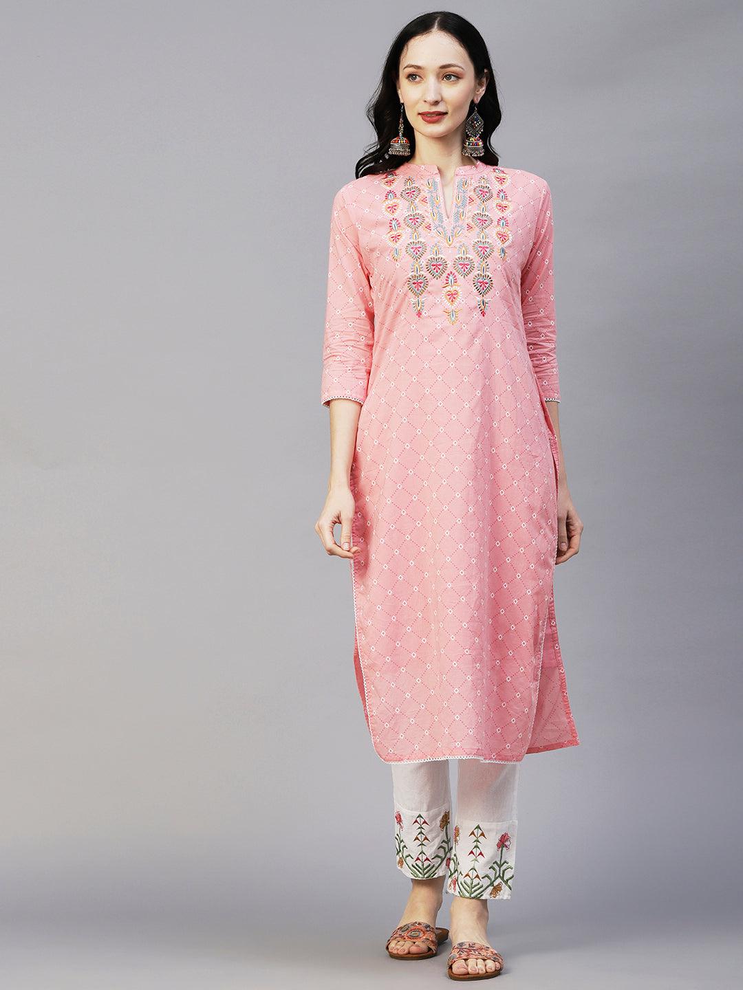 Geometric Printed Resham Ethnic Embroidered Kurta With Scallop Lace - Pink - Indiakreations