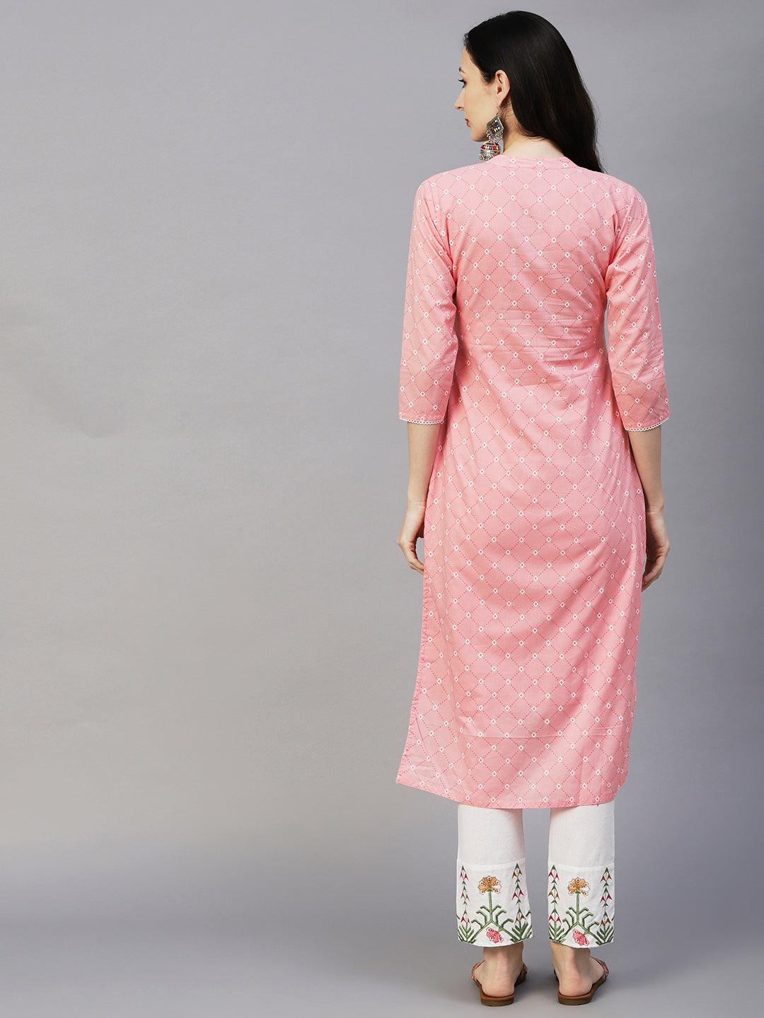 Geometric Printed Resham Ethnic Embroidered Kurta With Scallop Lace - Pink - Indiakreations