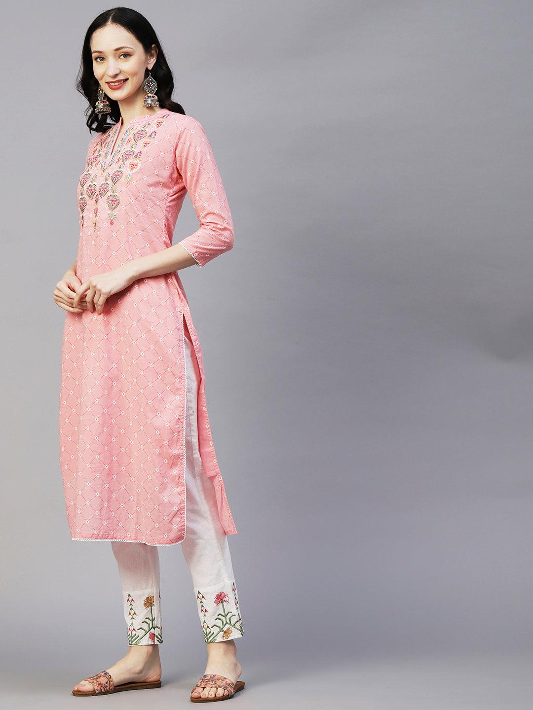 Geometric Printed Resham Ethnic Embroidered Kurta With Scallop Lace - Pink - Indiakreations