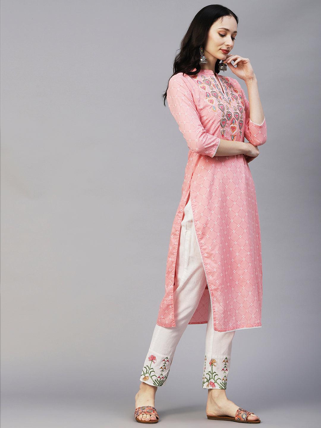 Geometric Printed Resham Ethnic Embroidered Kurta With Scallop Lace - Pink - Indiakreations