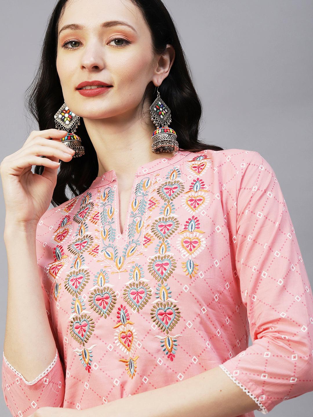 Geometric Printed Resham Ethnic Embroidered Kurta With Scallop Lace - Pink - Indiakreations