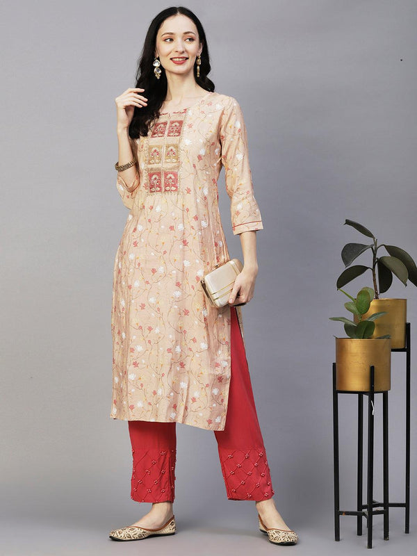 Floral Printed Resham, Zari & Sequins Embroidered Kurta - Beige - Indiakreations