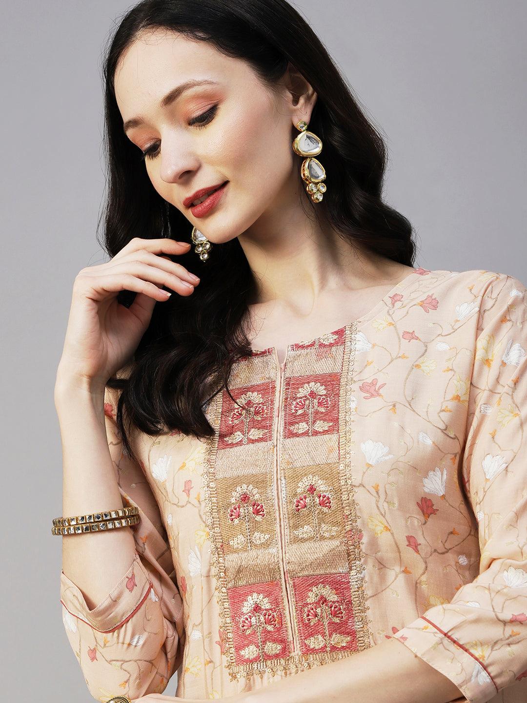 Floral Printed Resham, Zari & Sequins Embroidered Kurta - Beige - Indiakreations