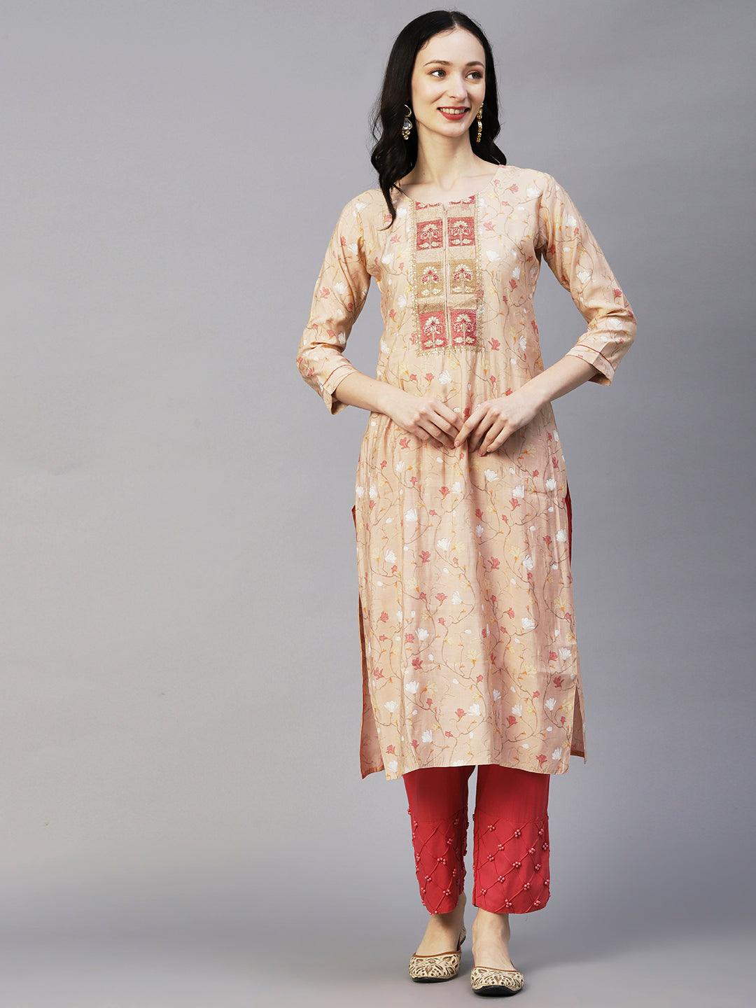 Floral Printed Resham, Zari & Sequins Embroidered Kurta - Beige - Indiakreations