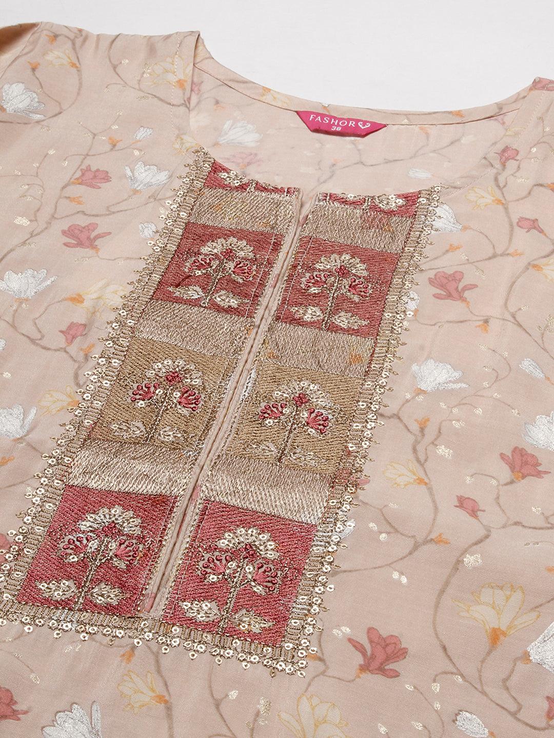 Floral Printed Resham, Zari & Sequins Embroidered Kurta - Beige - Indiakreations