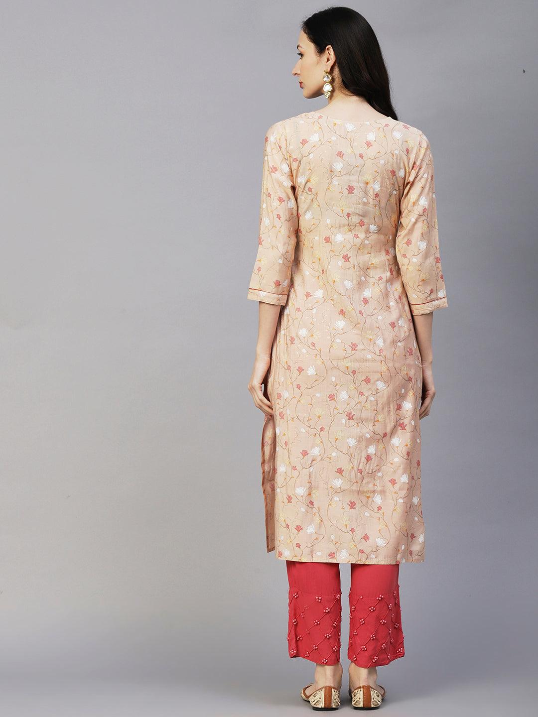 Floral Printed Resham, Zari & Sequins Embroidered Kurta - Beige - Indiakreations