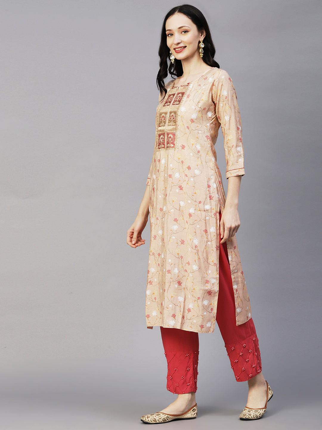 Floral Printed Resham, Zari & Sequins Embroidered Kurta - Beige - Indiakreations