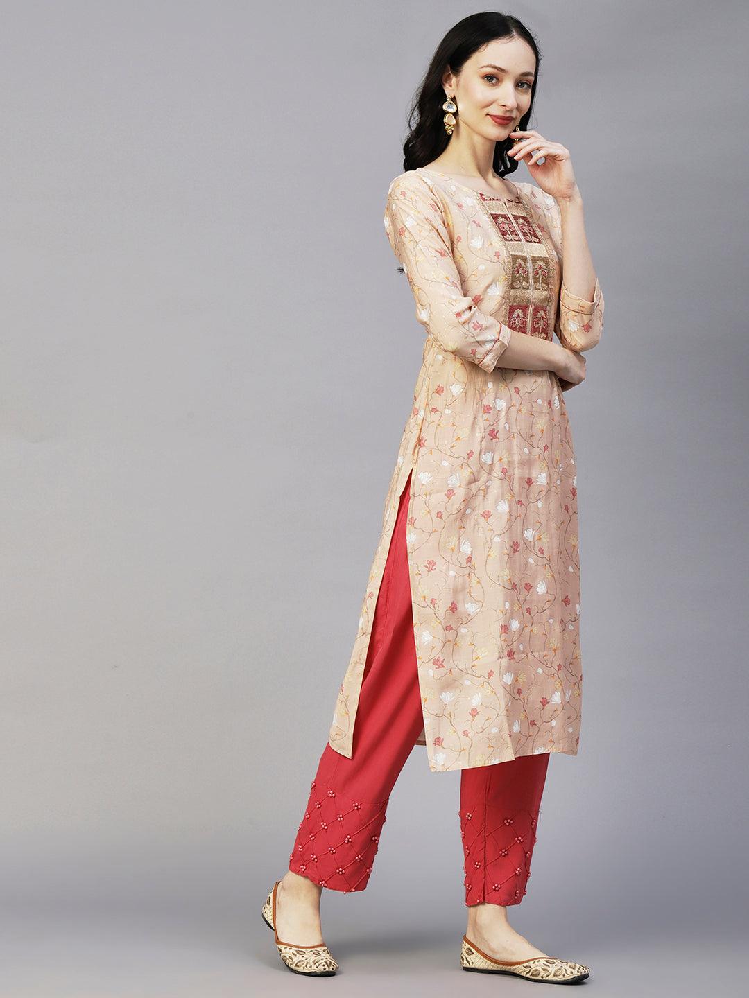 Floral Printed Resham, Zari & Sequins Embroidered Kurta - Beige - Indiakreations