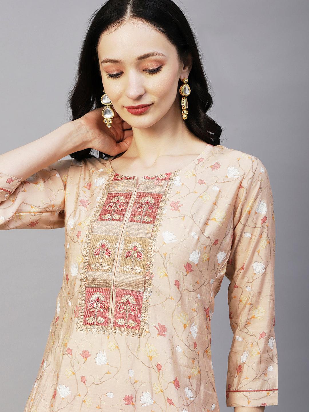 Floral Printed Resham, Zari & Sequins Embroidered Kurta - Beige - Indiakreations