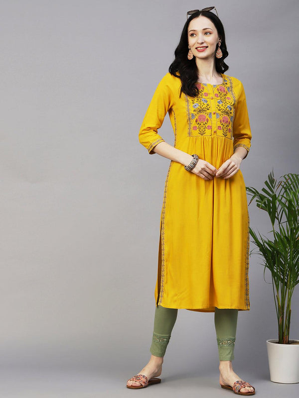 Floral Embroidered Straight Pleated Kurta - Yellow - Indiakreations