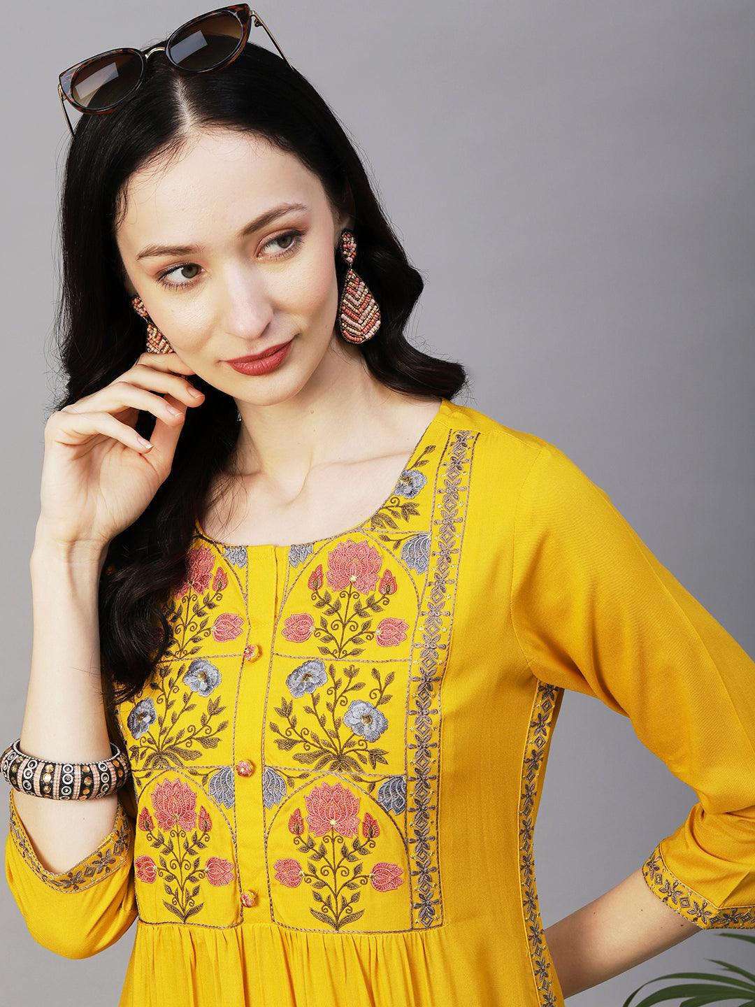 Floral Embroidered Straight Pleated Kurta - Yellow - Indiakreations