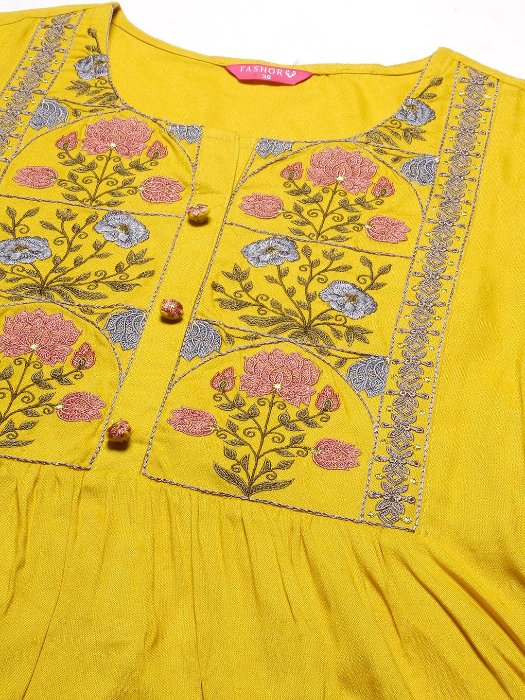 Floral Embroidered Straight Pleated Kurta - Yellow - Indiakreations