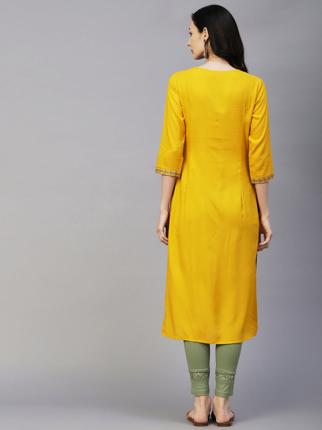 Floral Embroidered Straight Pleated Kurta - Yellow - Indiakreations