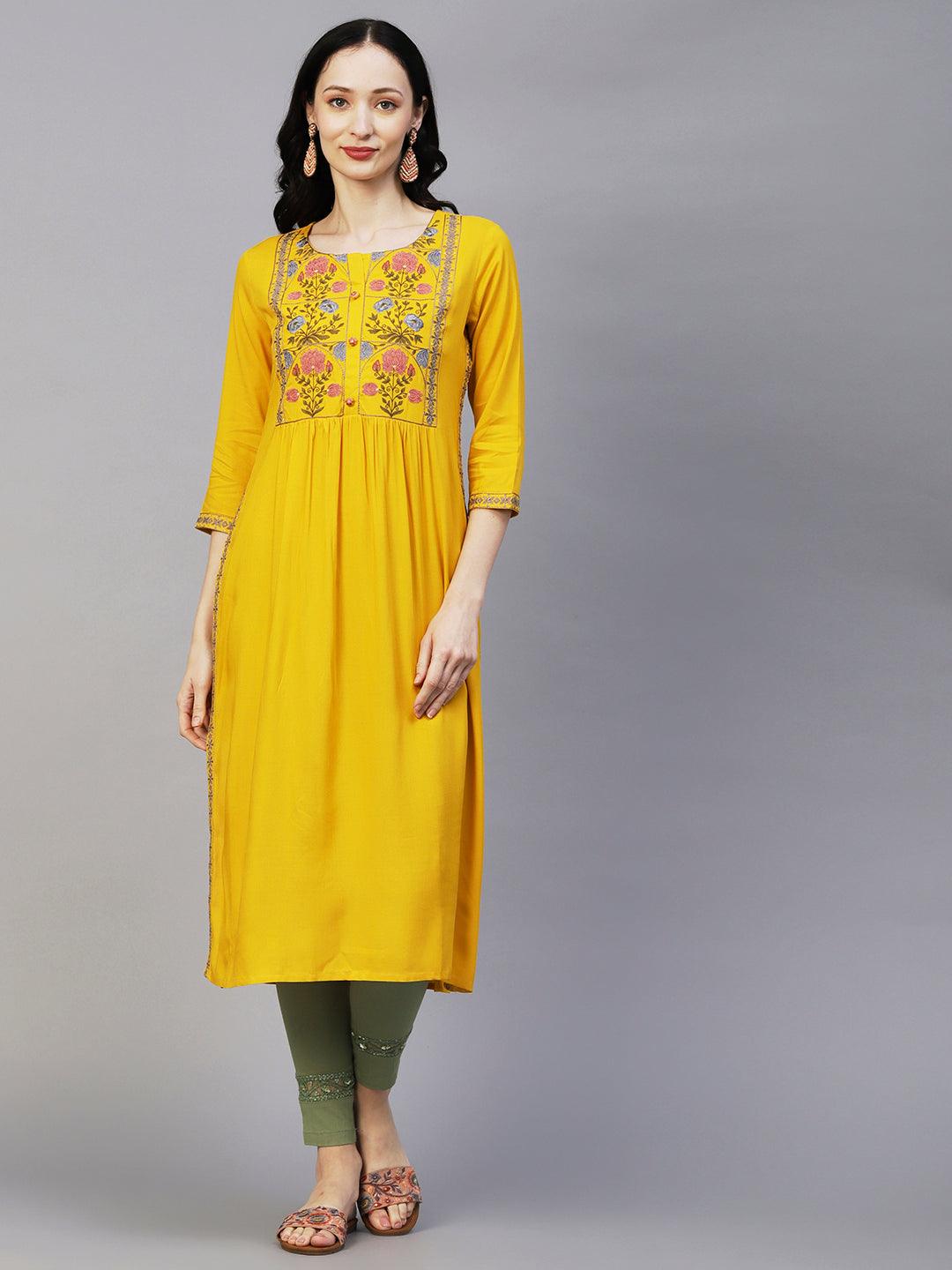 Floral Embroidered Straight Pleated Kurta - Yellow - Indiakreations