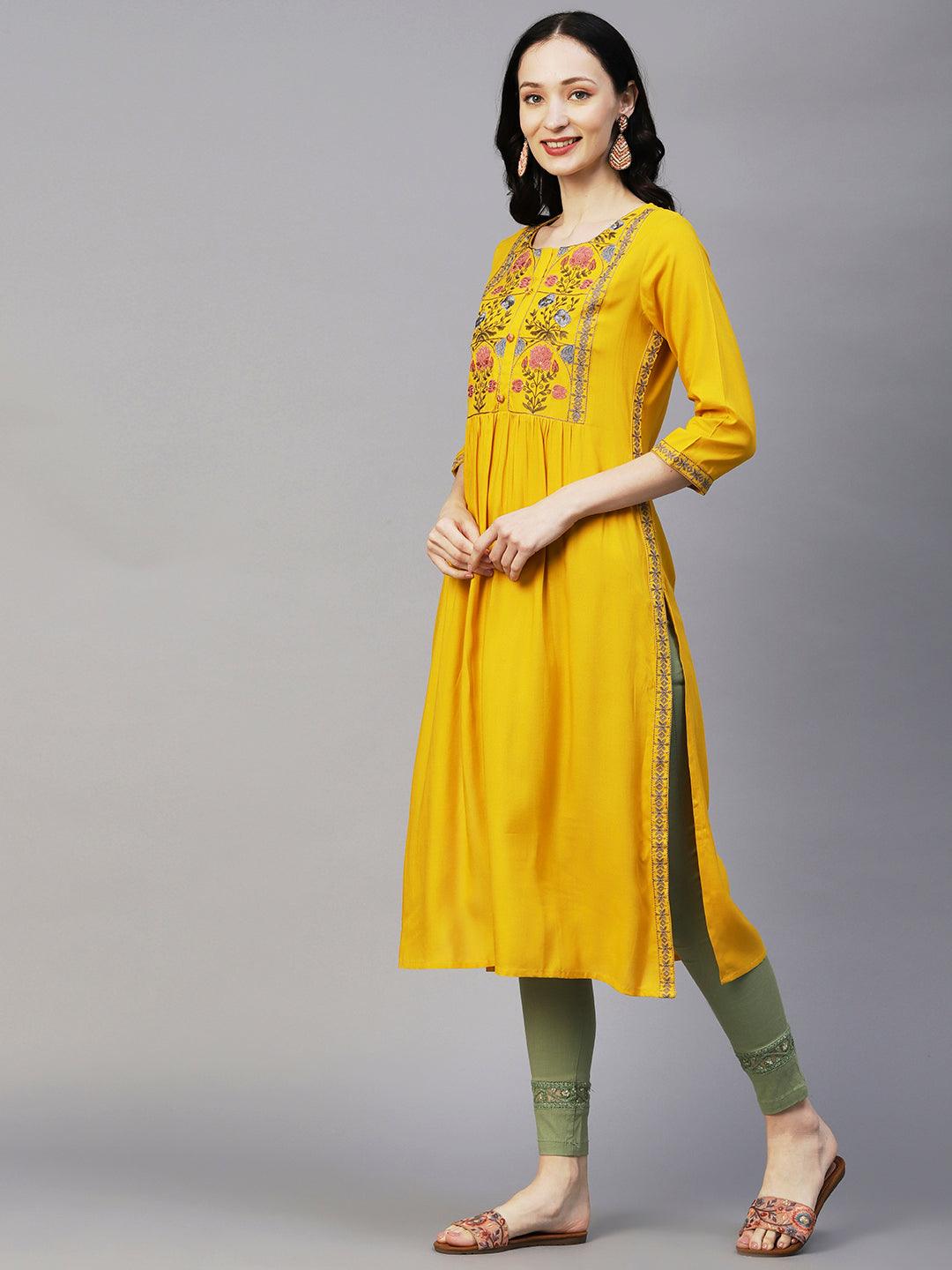 Floral Embroidered Straight Pleated Kurta - Yellow - Indiakreations