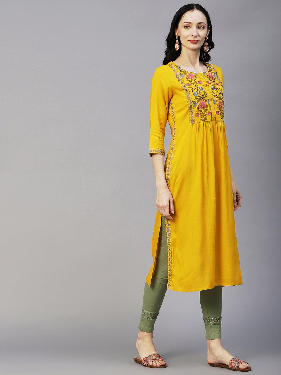 Floral Embroidered Straight Pleated Kurta - Yellow - Indiakreations