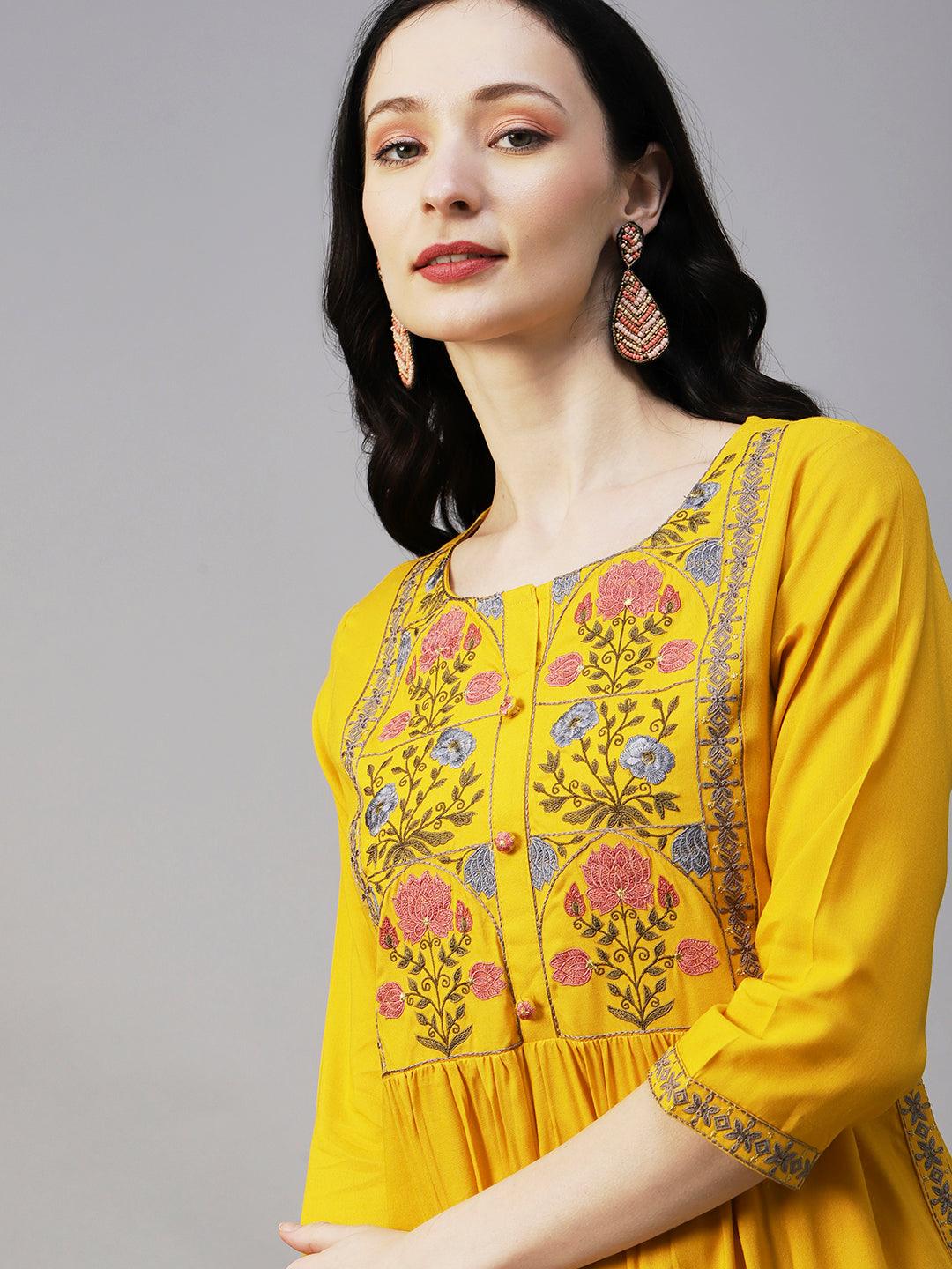 Floral Embroidered Straight Pleated Kurta - Yellow - Indiakreations