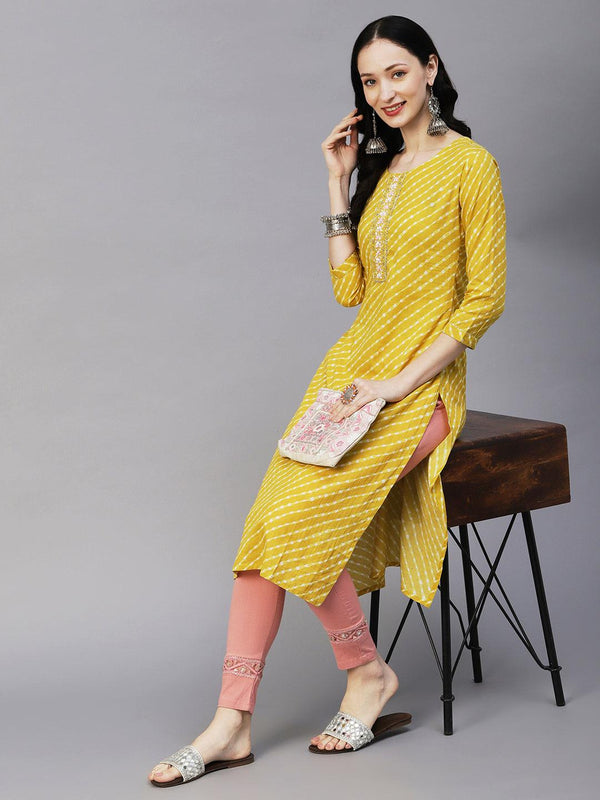 Lehriya Printed Mirror & Pearl Embroidered Kurta - Yellow - Indiakreations