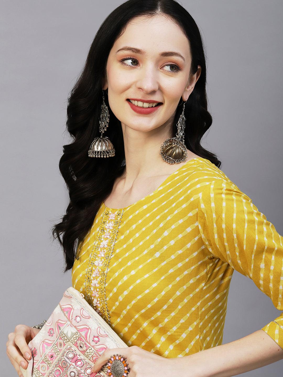 Lehriya Printed Mirror & Pearl Embroidered Kurta - Yellow - Indiakreations