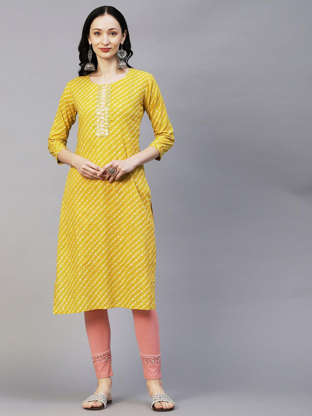 Lehriya Printed Mirror & Pearl Embroidered Kurta - Yellow - Indiakreations